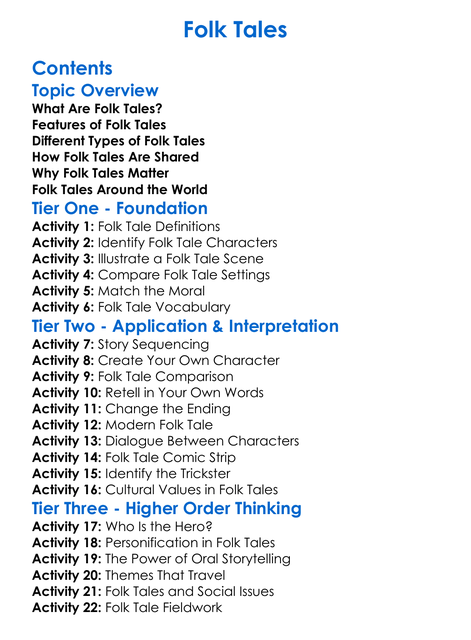 Folk Tales Worksheet Activity Booklet