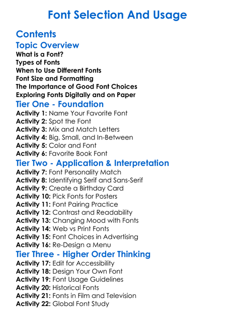 Font Selection And Usage Worksheet Activity Booklet