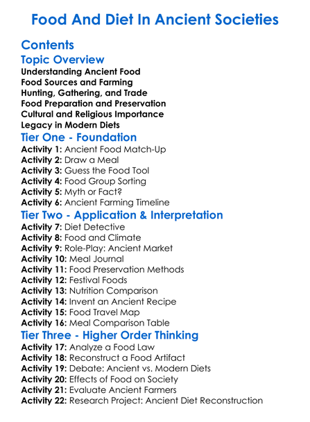 Food And Diet In Ancient Societies Worksheet Activity Booklet