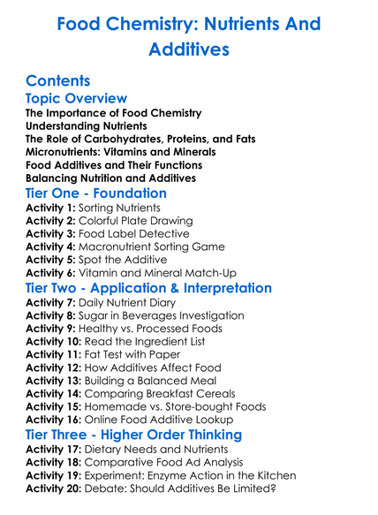 Food Chemistry Nutrients And Additives Worksheet Activity Booklet