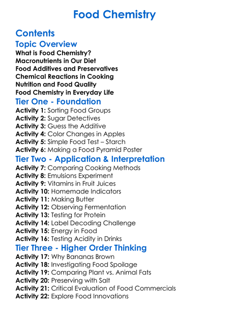 Food Chemistry Worksheet Activity Booklet