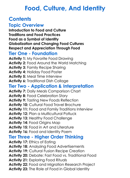 Food Culture And Identity Worksheet Activity Booklet
