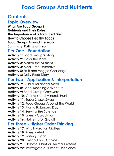 Food Groups And Nutrients Worksheet Activity Booklet
