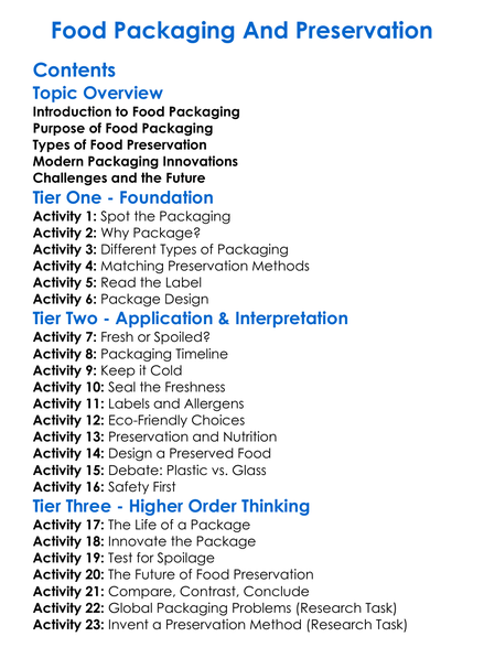 Food Packaging And Preservation Worksheet Activity Booklet
