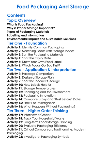 Food Packaging And Storage Worksheet Activity Booklet