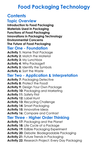 Food Packaging Technology Worksheet Activity Booklet
