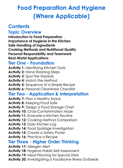 Food Preparation And Hygiene Where Applicable Worksheet Activity Booklet