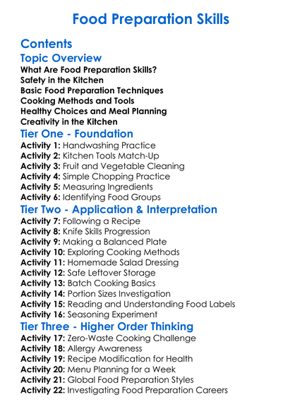 Food Preparation Skills Worksheet Activity Booklet