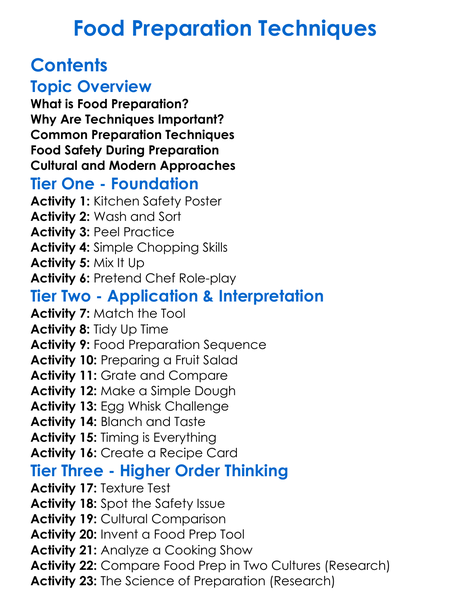 Food Preparation Techniques Worksheet Activity Booklet