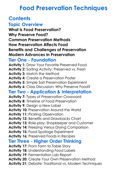 Food Preservation Techniques Worksheet Activity Booklet