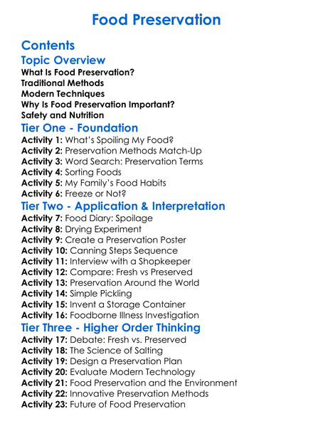 Food Preservation Worksheet Activity Booklet
