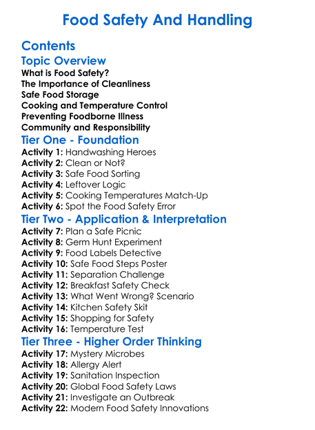 Food Safety And Handling Worksheet Activity Booklet