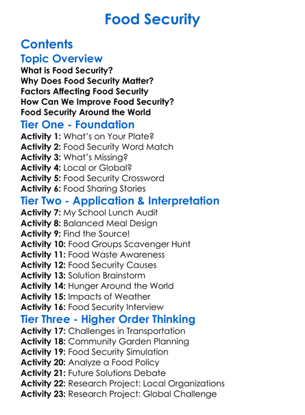 Food Security Worksheet Activity Booklet