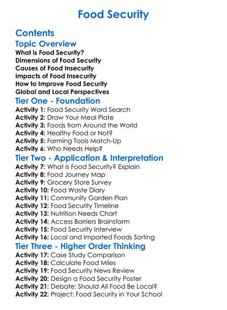 Food Security Worksheet Activity Booklet