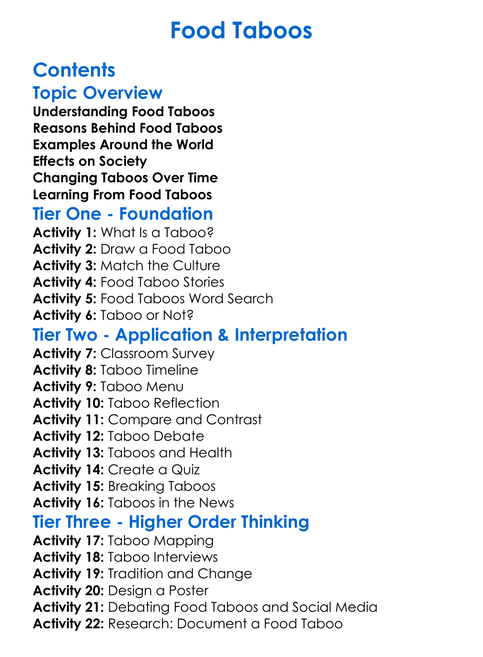 Food Taboos Worksheet Activity Booklet