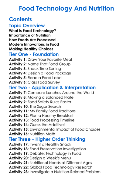 Food Technology And Nutrition Worksheet Activity Booklet