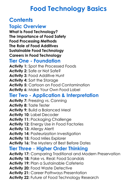 Food Technology Basics Worksheet Activity Booklet