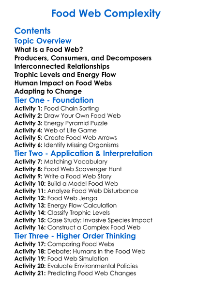Food Web Complexity Worksheet Activity Booklet