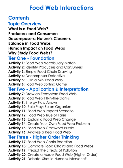 Food Web Interactions Worksheet Activity Booklet