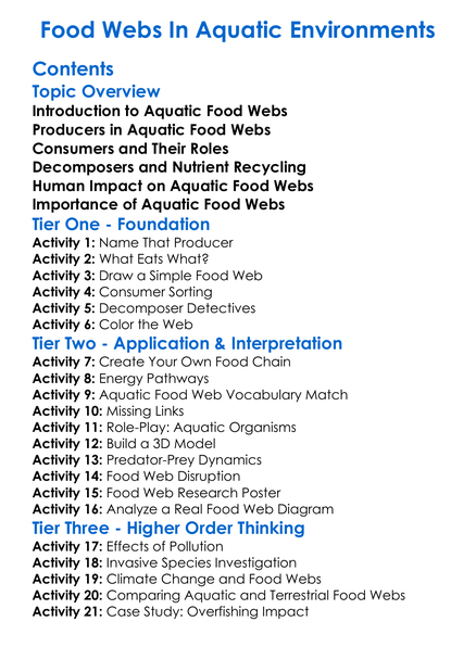 Food Webs In Aquatic Environments Worksheet Activity Booklet