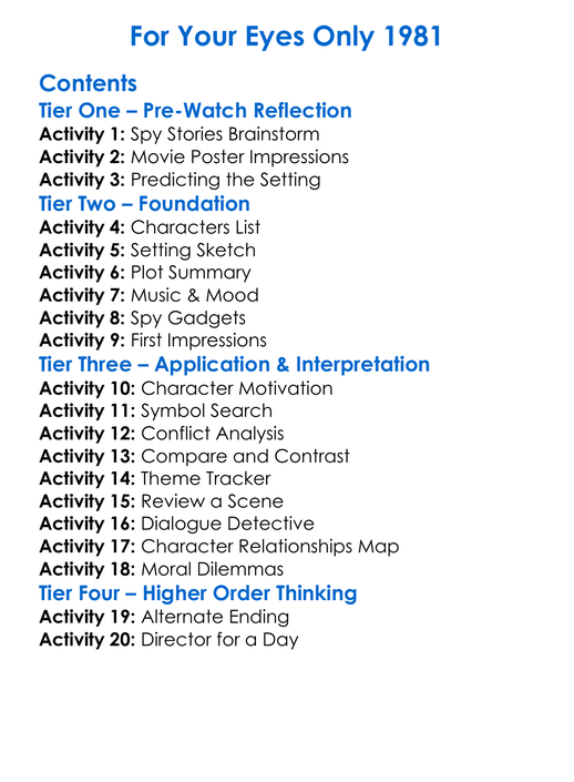 For Your Eyes Only 1981 Worksheet Activity Booklet