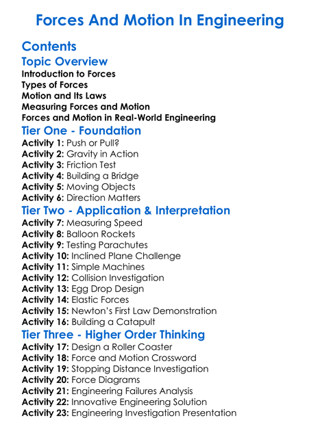 Forces And Motion In Engineering Worksheet Activity Booklet