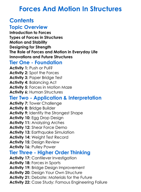 Forces And Motion In Structures Worksheet Activity Booklet