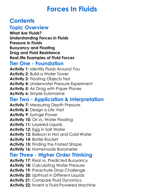 Forces In Fluids Worksheet Activity Booklet