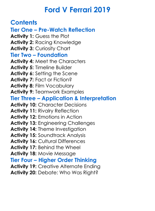 Ford V Ferrari 2019 Worksheet Activity Booklet
