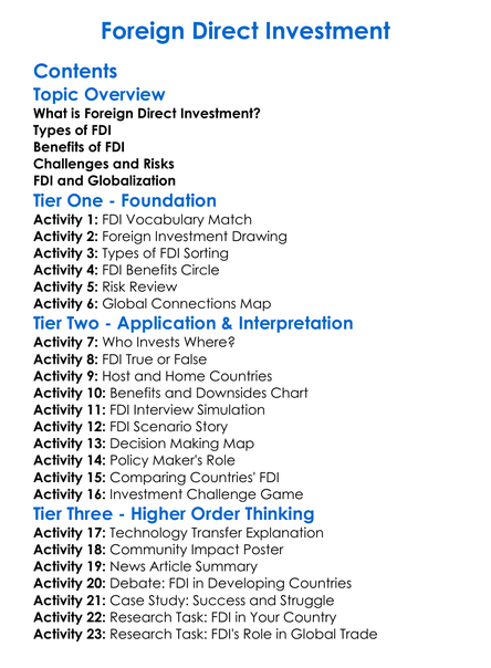 Foreign Direct Investment Worksheet Activity Booklet