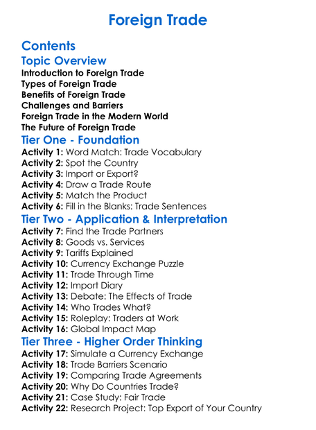 Foreign Trade Worksheet Activity Booklet