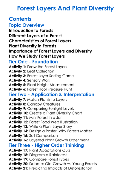 Forest Layers And Plant Diversity Worksheet Activity Booklet