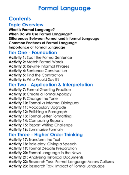 Formal Language Worksheet Activity Booklet