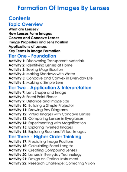 Formation Of Images By Lenses Worksheet Activity Booklet