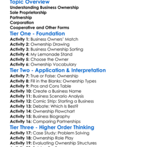Forms Of Business Ownership Worksheet Activity Booklet