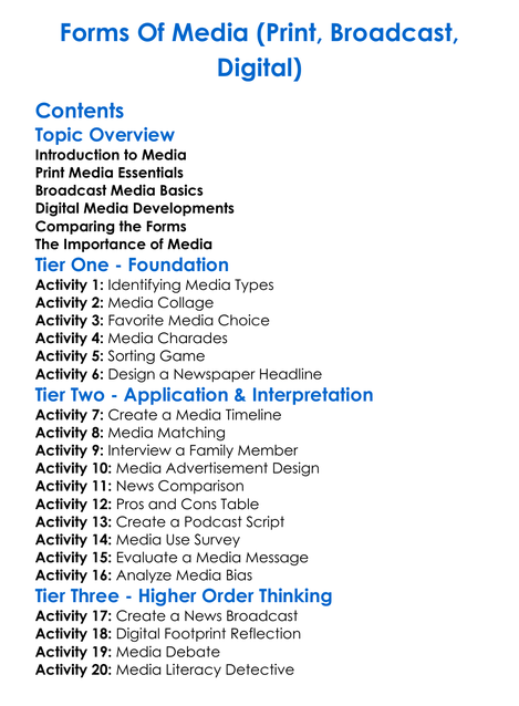 Forms Of Media Print Broadcast Digital Worksheet Activity Booklet