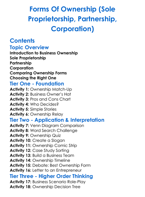 Forms Of Ownership Sole Proprietorship Partnership Corporation Worksheet Activity Booklet