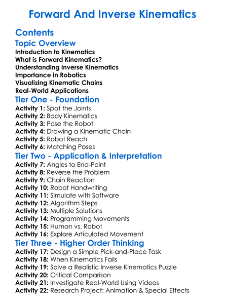 Forward And Inverse Kinematics Worksheet Activity Booklet