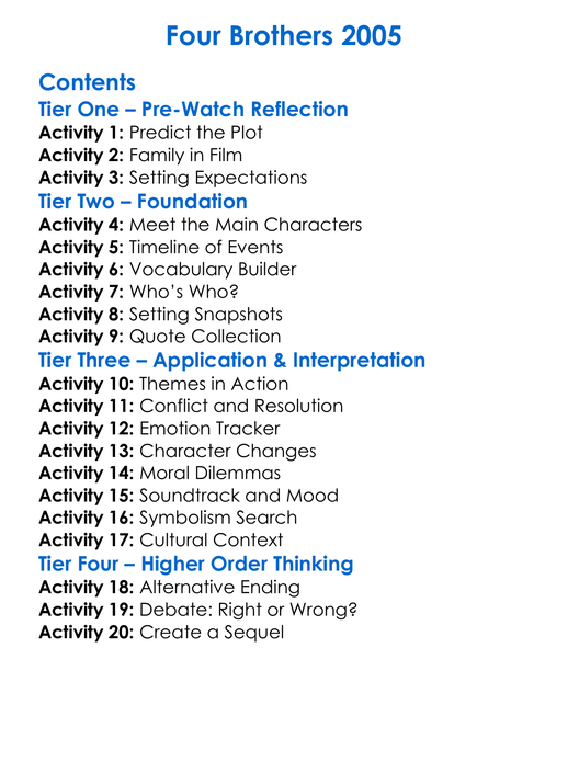 Four Brothers 2005 Worksheet Activity Booklet