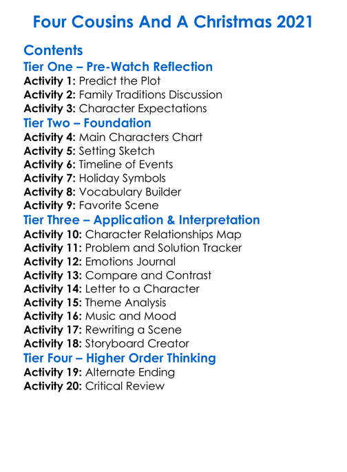 Four Cousins And A Christmas 2021 Worksheet Activity Booklet