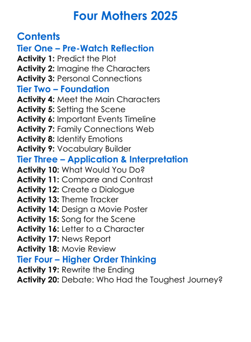 Four Mothers 2025 Worksheet Activity Booklet