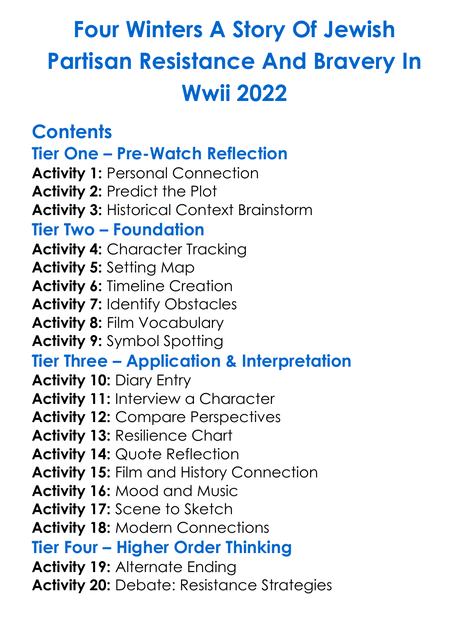 Four Winters A Story Of Jewish Partisan Resistance And Bravery In Wwii 2022 Worksheet Activity Booklet