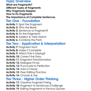 Fragments Worksheet Activity Booklet