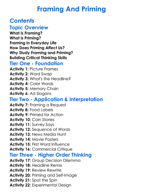Framing And Priming Worksheet Activity Booklet