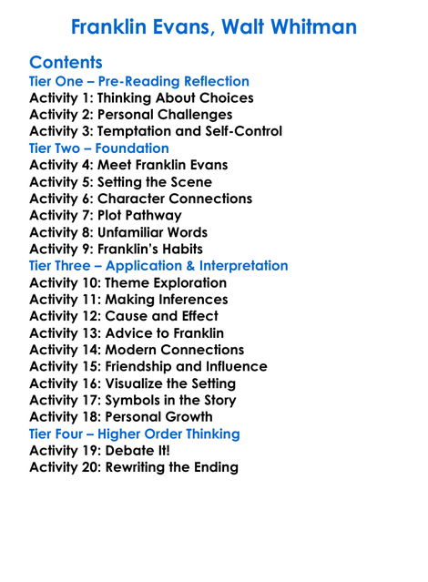 Franklin Evans Walt Whitman Worksheet Activity Booklet