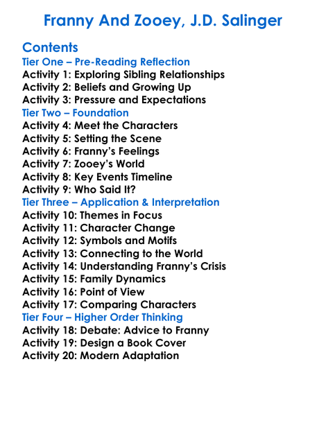 Franny And Zooey Jd Salinger Worksheet Activity Booklet