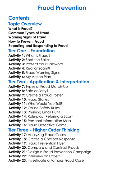 Fraud Prevention Worksheet Activity Booklet