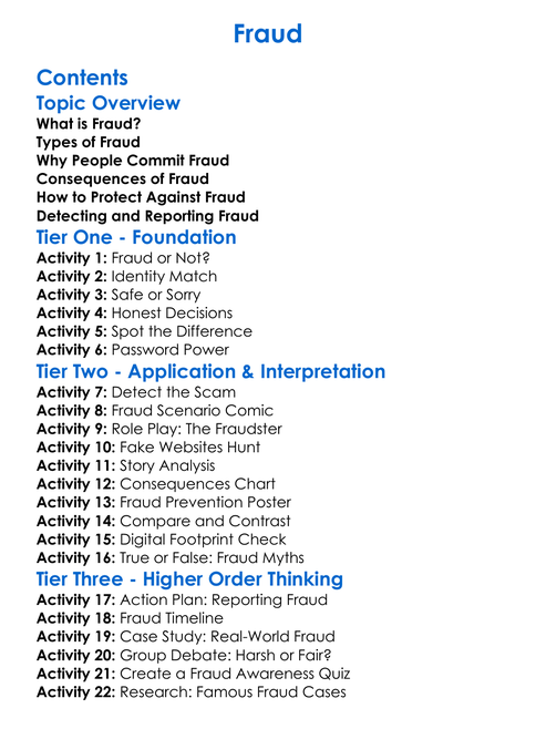 Fraud Worksheet Activity Booklet