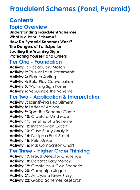 Fraudulent Schemes Ponzi Pyramid Worksheet Activity Booklet