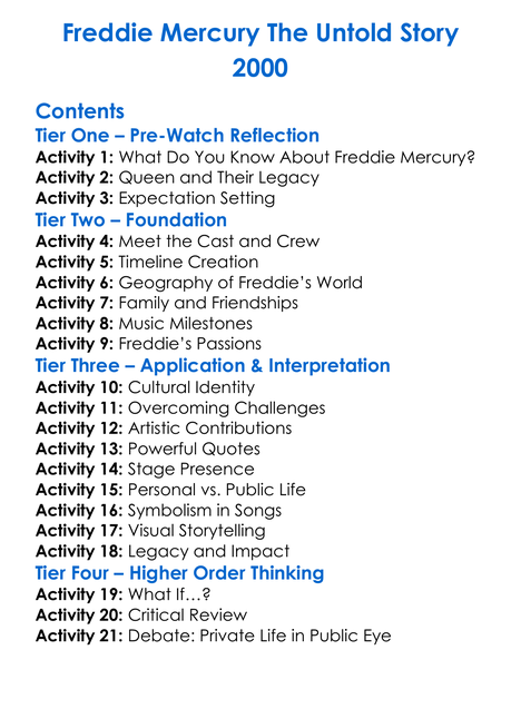 Freddie Mercury The Untold Story 2000 Worksheet Activity Booklet